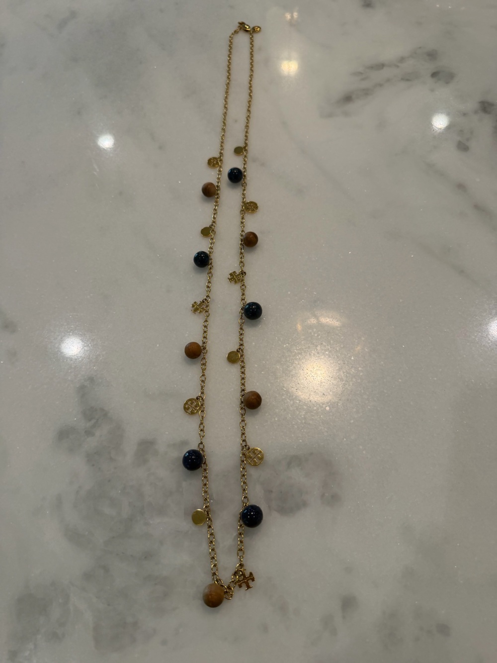 Tory Burch Gold Chain Necklace with Blue and Brown Wood Beads